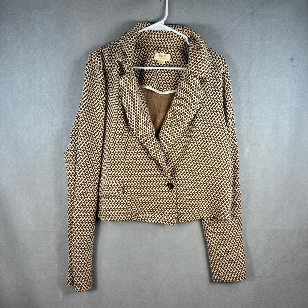 Maeve Anthropologie Brown White Geometric Diamond Cropped Blazer Jacket XL